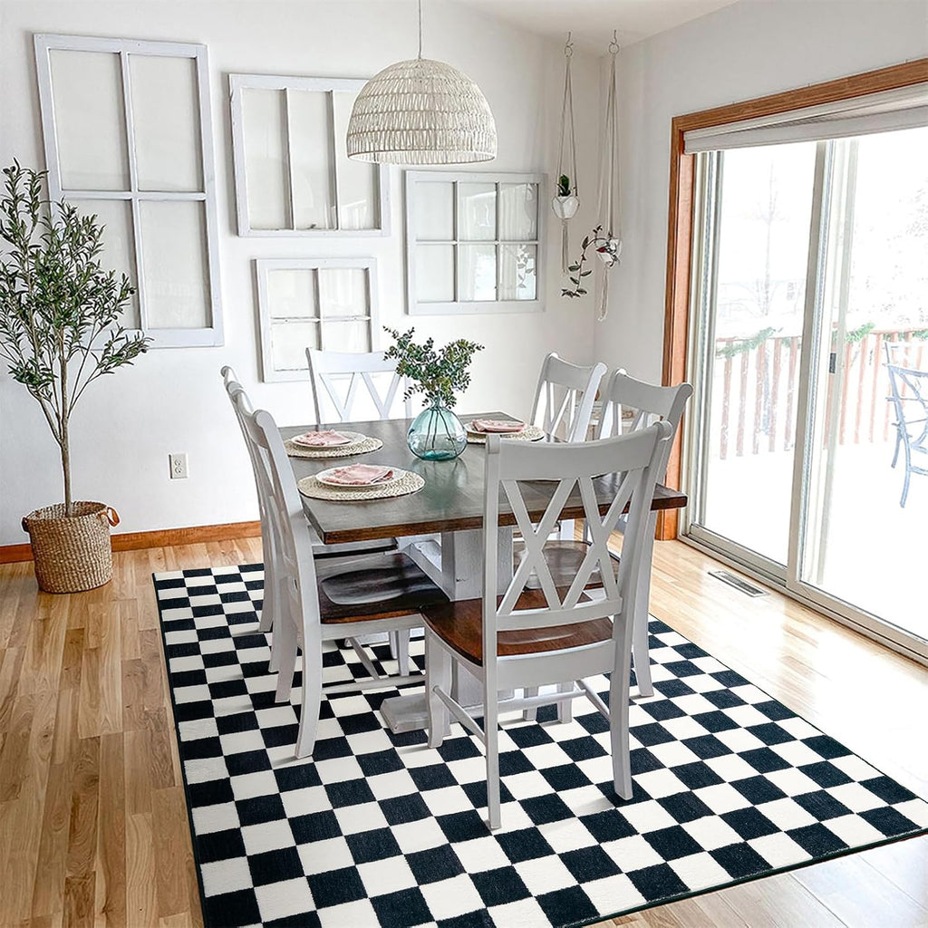 Retro Checkerboard Entryway Rugs Non Slip Indoor Geometry Carpet Washable, Ultra Thin Boho Black and White Cute