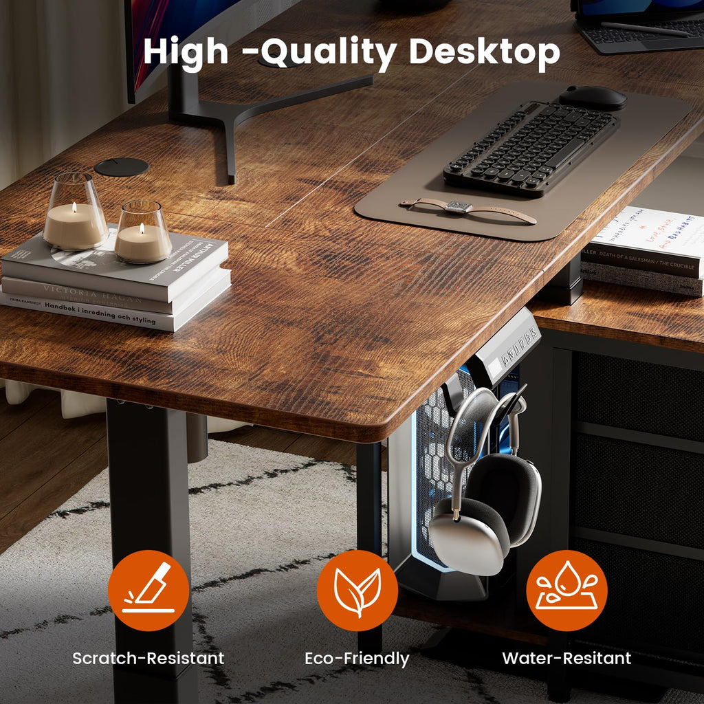 55 Inch Rustice Brown Height Adjustable Standing Desk with Drawers