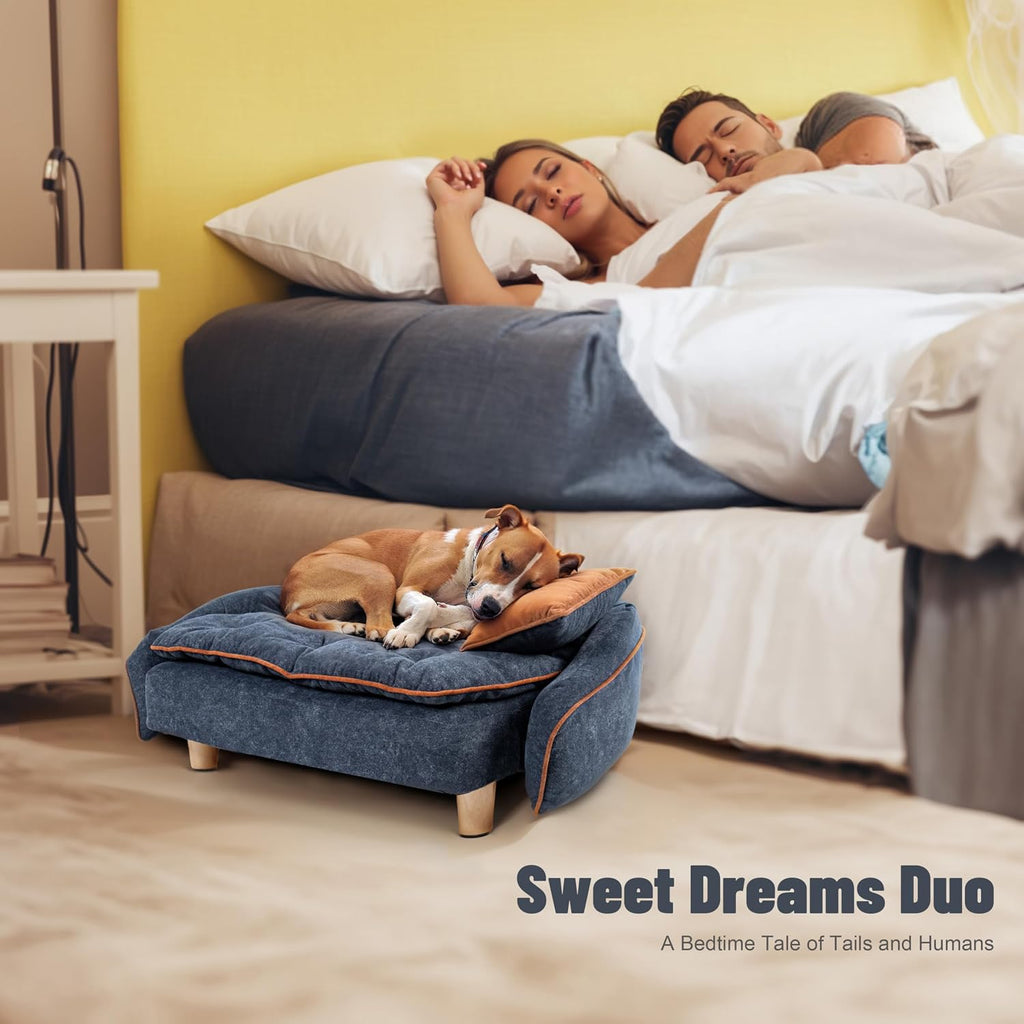 Elevated Small Dog Couch Bed with Bolster Sides, Raised Small Dog Sofa Bed with Headrest Pillow, Velvet Washable