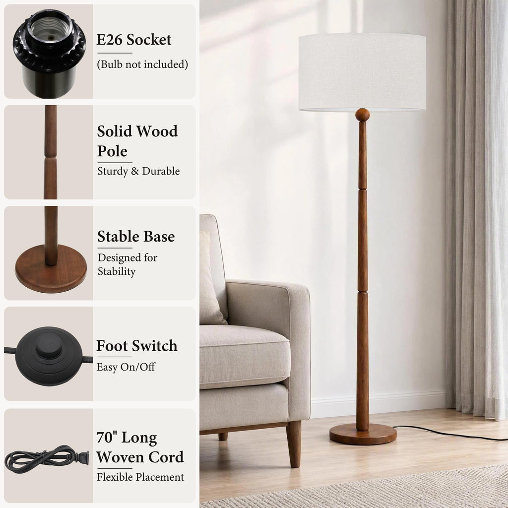 65 Inch Single Ball Walnut Wood Floor Lamp with Linen Shade, Cream