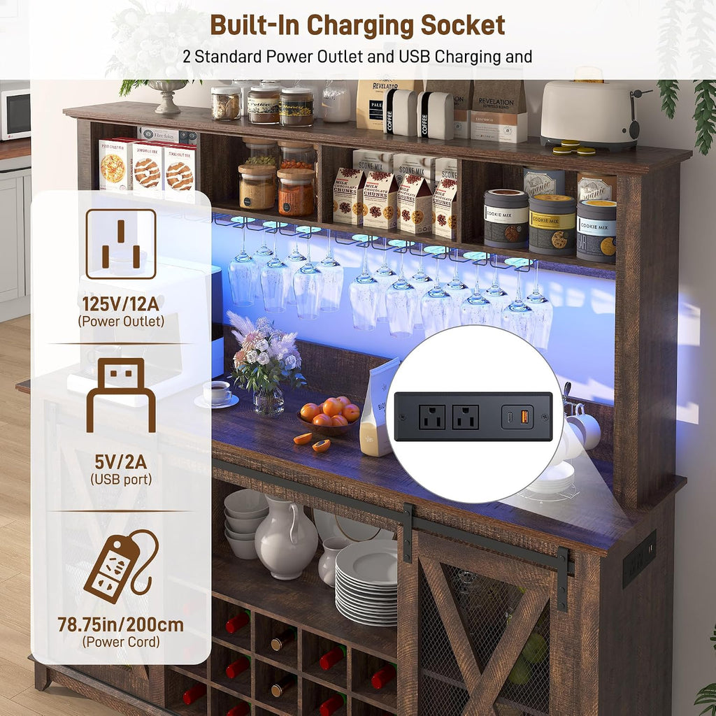 63"Wide 58"H Farmhouse Coffee Bar Cabinet with Power Outlet and LED Light,Wine Bar Cabinet w/ 4 Storage Hutch,Kitchen