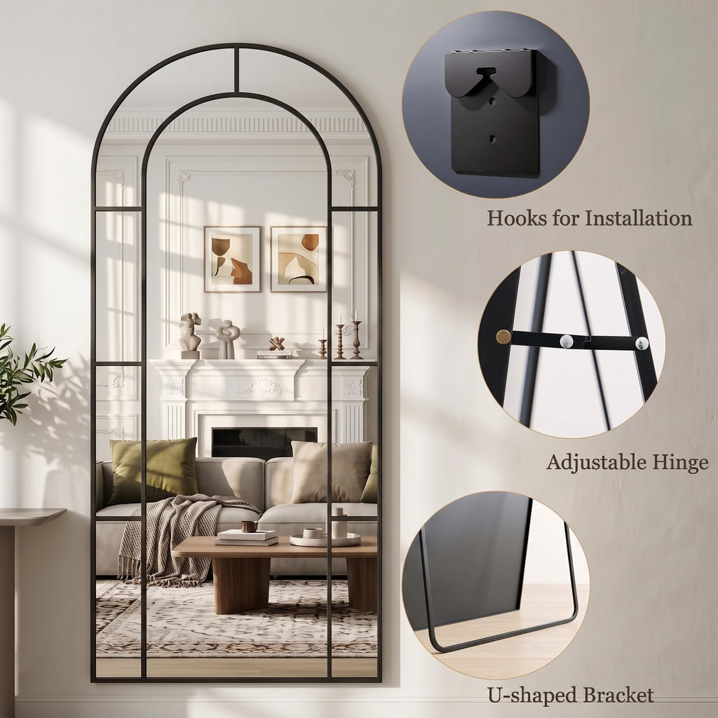 58" x 21" Full Length Mirror, Floor Mirror Arched Window Decorative Mirror, Metal Framed Decor Farmhouse Floor