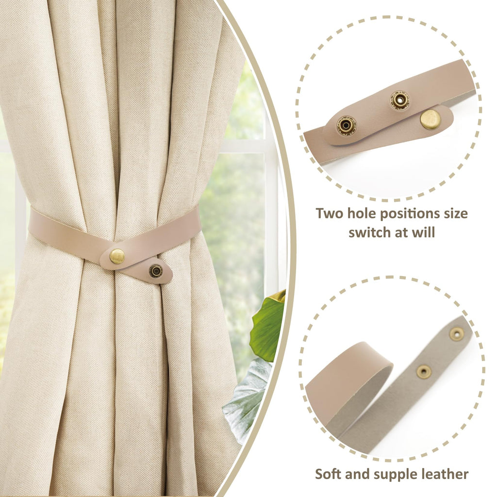 PU Leather Curtain Tiebacks, No Drill Holdbacks, Beige, 2 Pack