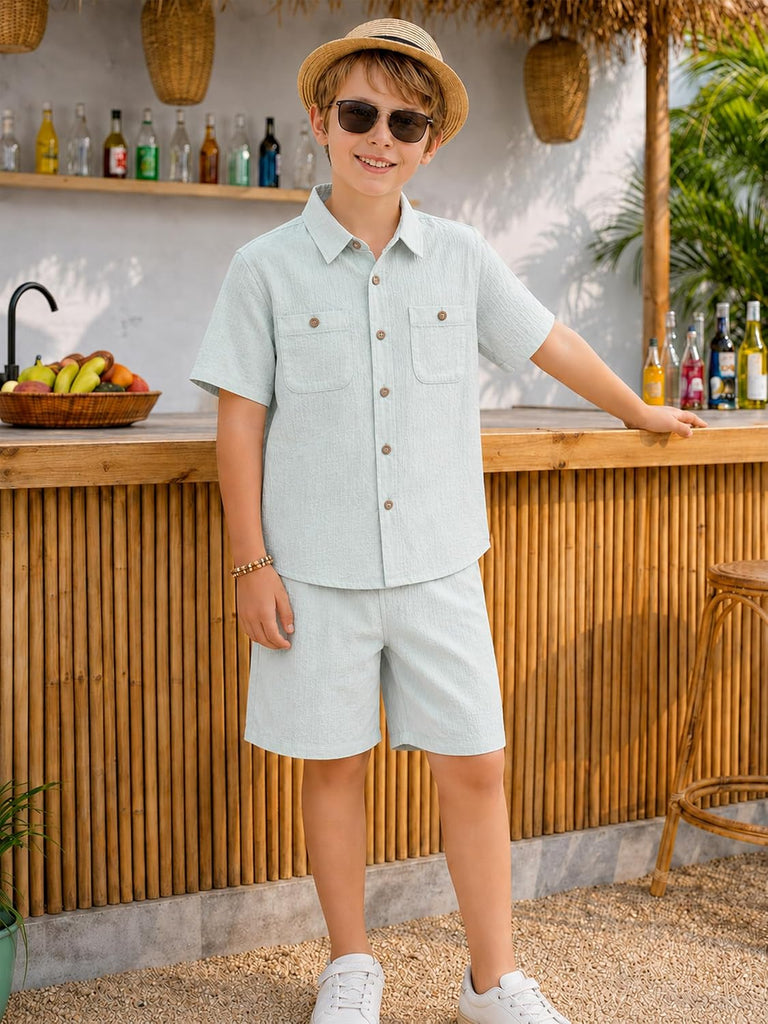 Boys 2 Piece Summer Outfits Beach Button Down Shirt Shorts Set