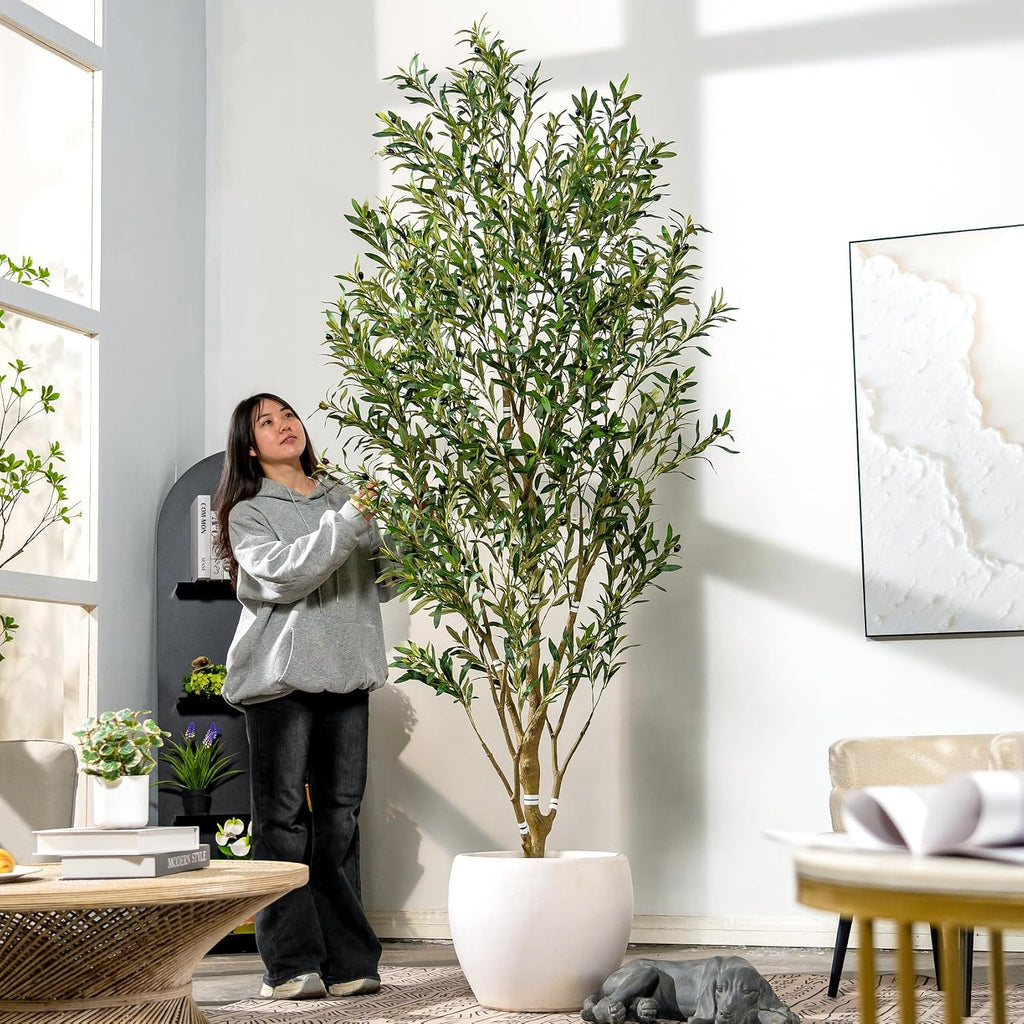8ft Faux Olive Tree with White Pot & Moss, Artificial Olive Tree Indoor Outdoor, PE/PVC Leaves, Realistic Resin Trunk