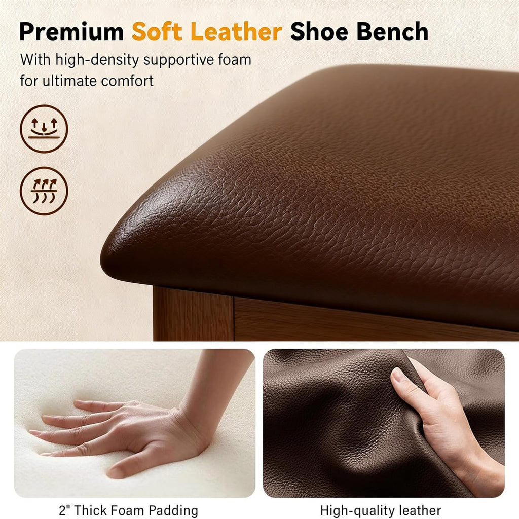 Wooden Shoe Storage Bench with Leather Cushion, Dark Brown, 39.4"