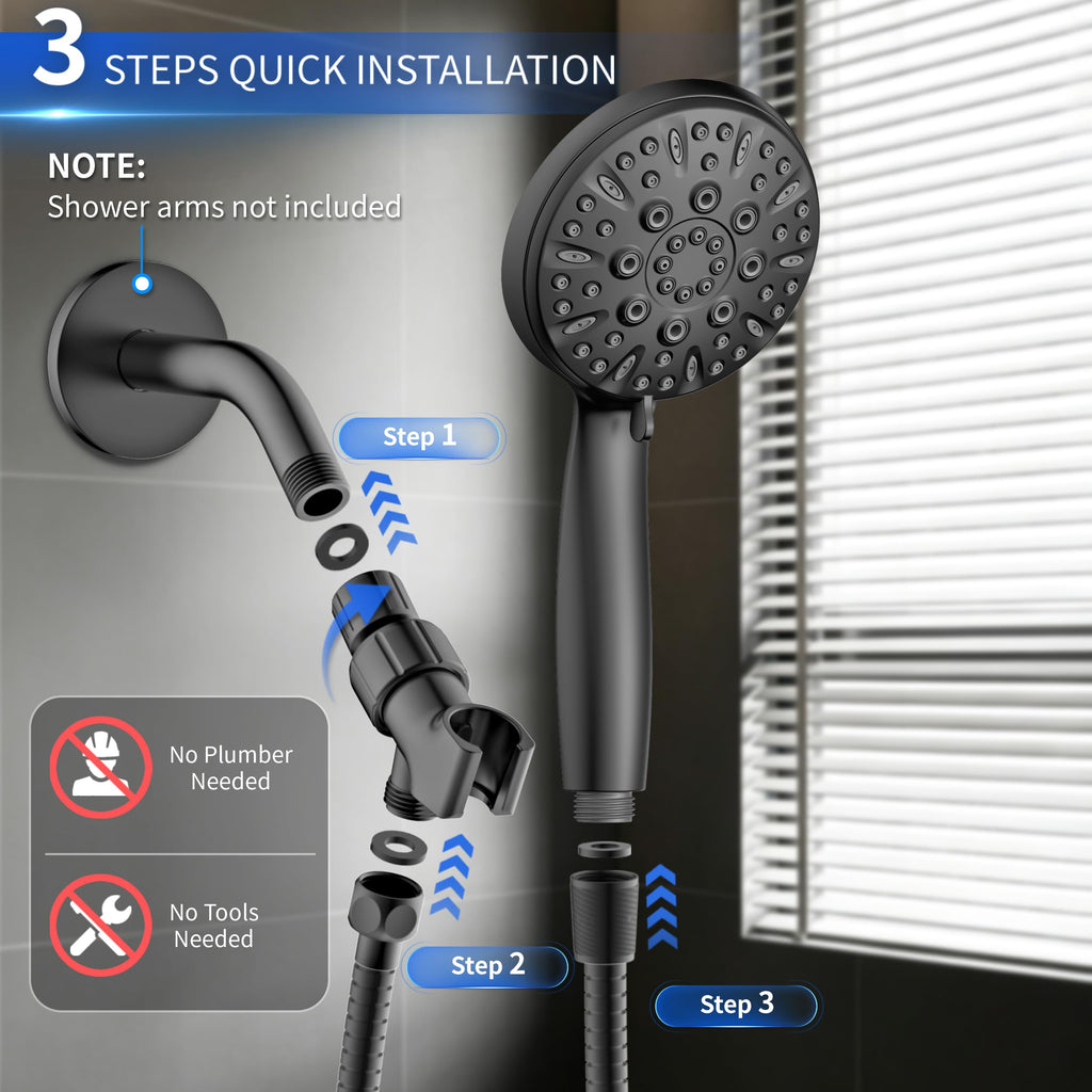 Matte Black Shower Head, 6 Spray Modes Handheld Showerhead