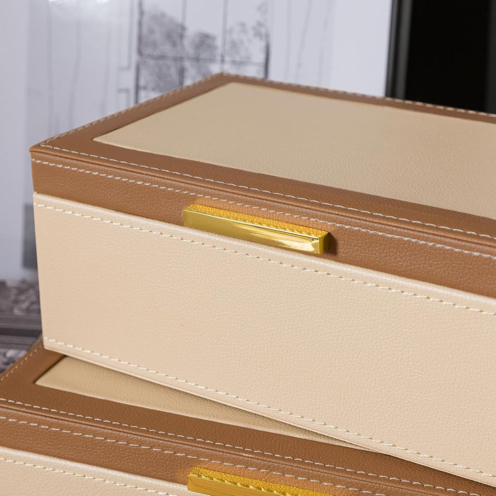 Two-Tone Faux Leather Boxes with Lids, Sand - Set of 2