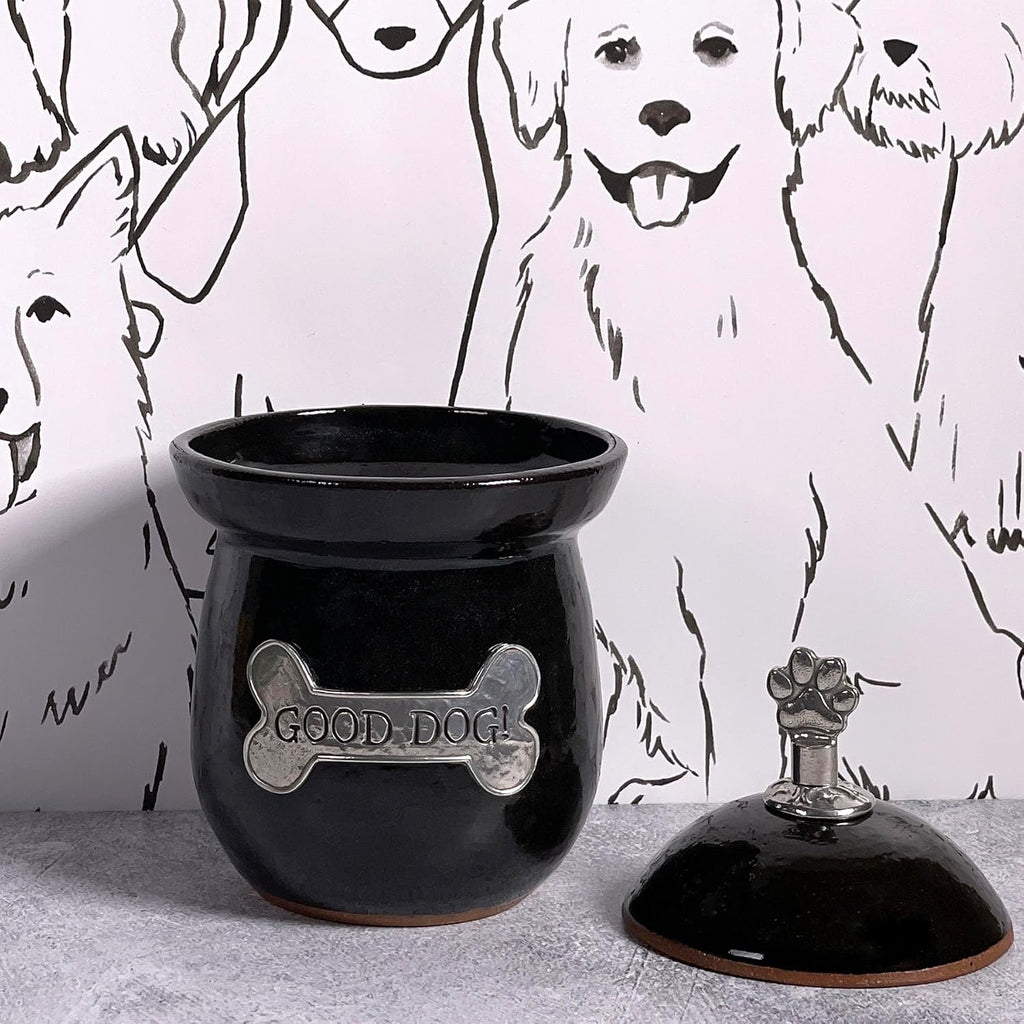 American Handmade Good Dog! Small Treat Jar with Pewter Plaque and Paw Print Finial by, Black
