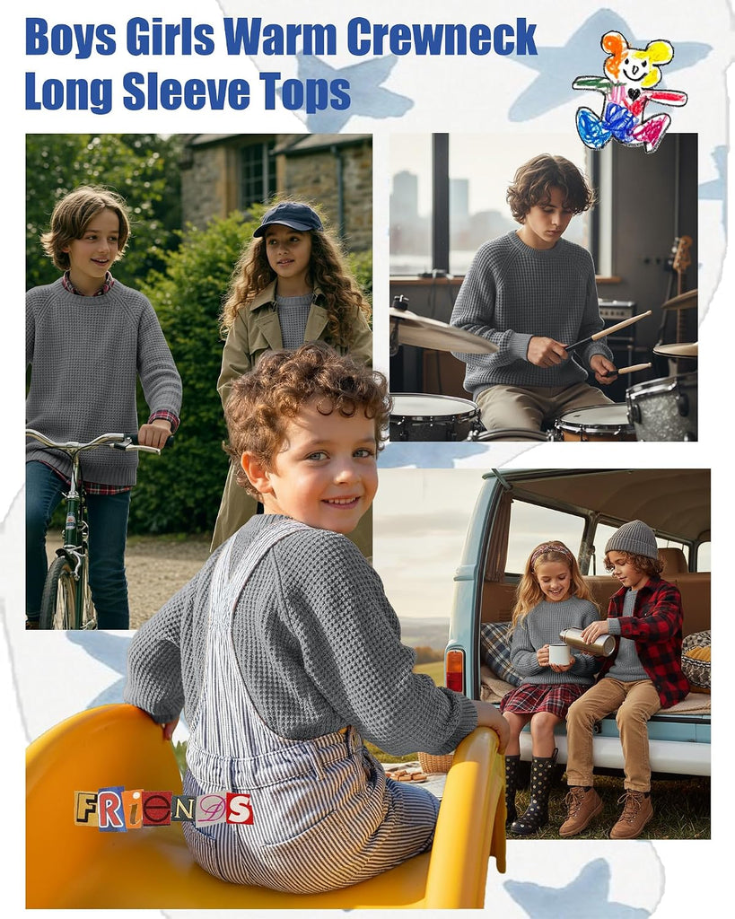 Boys' Waffle Sweaters Thick Chunky Knit Tops