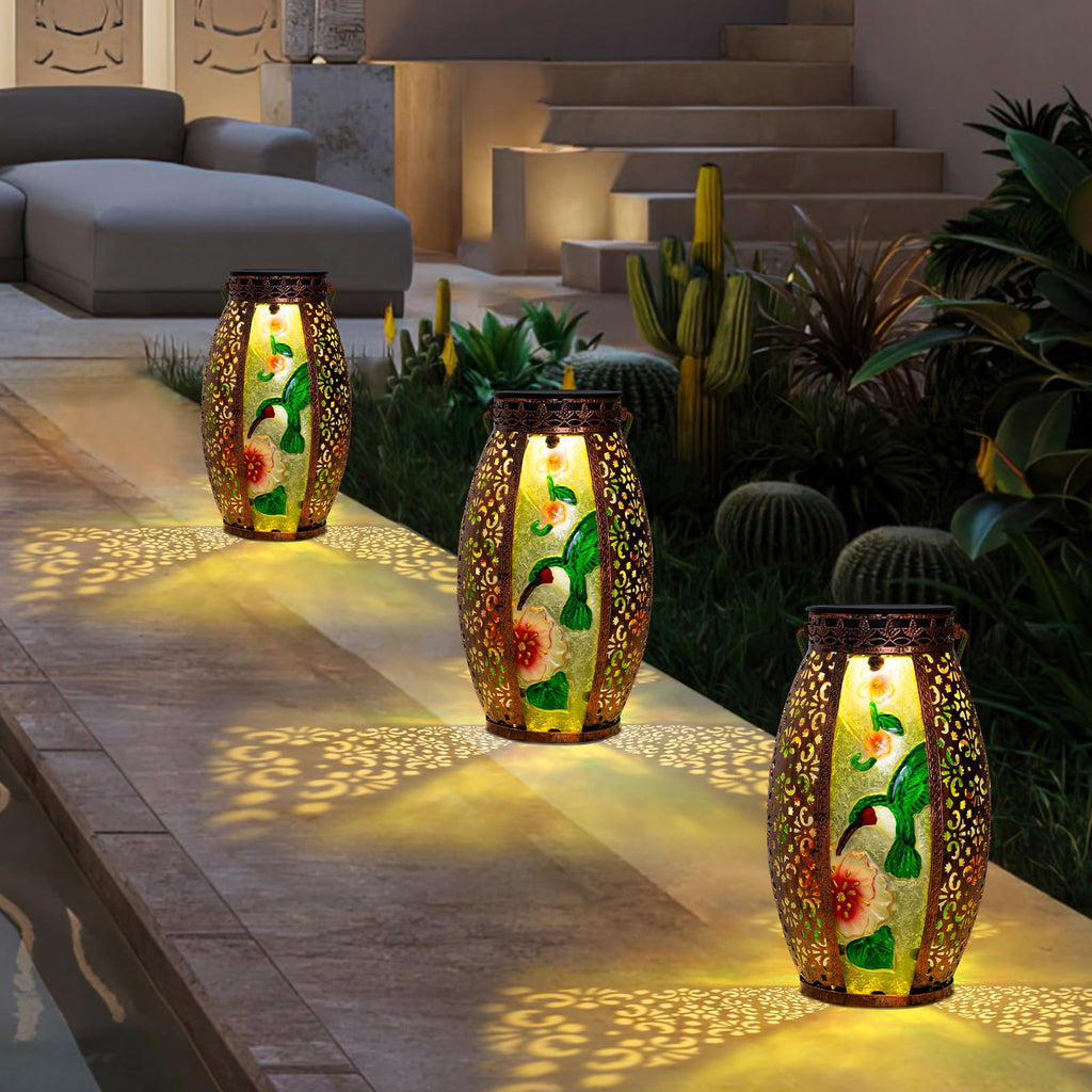 Hummingbird Solar Lantern Outdoor Waterproof, 13" Large Hanging Lantern Decorative, Metal Hummingbird Solar Lights for