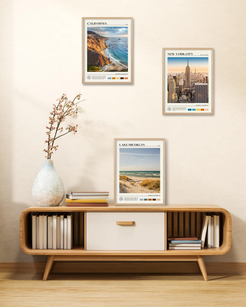 Natural OAK Wood Lake Michigan Framed Wall Art, 12x16in Natural Scenery Canvas Wall Print, Classic Urban City Landmark