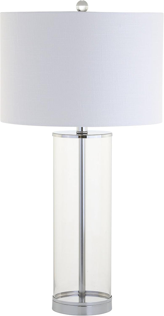 29" Clear/Chrome Modern Glass Table Lamp Bedroom, Minimalist Nightstand Bedside Lamp, White Linen Drum Shade