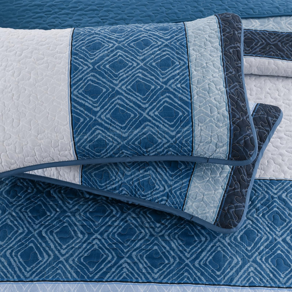 Navy Blue Quilt Set, Striped Plaid Bedspread Coverlet Set