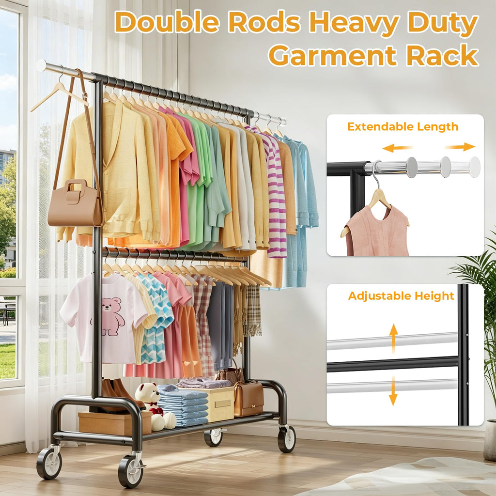 Heavy Duty Clothes Rack Load 860LBS, Double Rods Rolling Clothing Racks for Hanging Clothes, Rolling Garment Rack