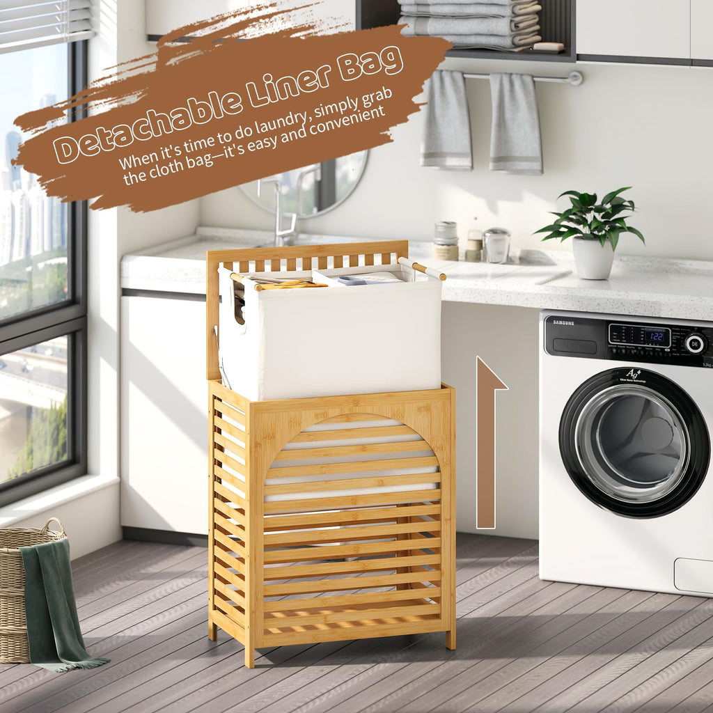 Laundry Hamper with Lid, Bamboo with Handles and Removable Liner Bag, 125L Laundry Basket & Laundry Room (Natural)