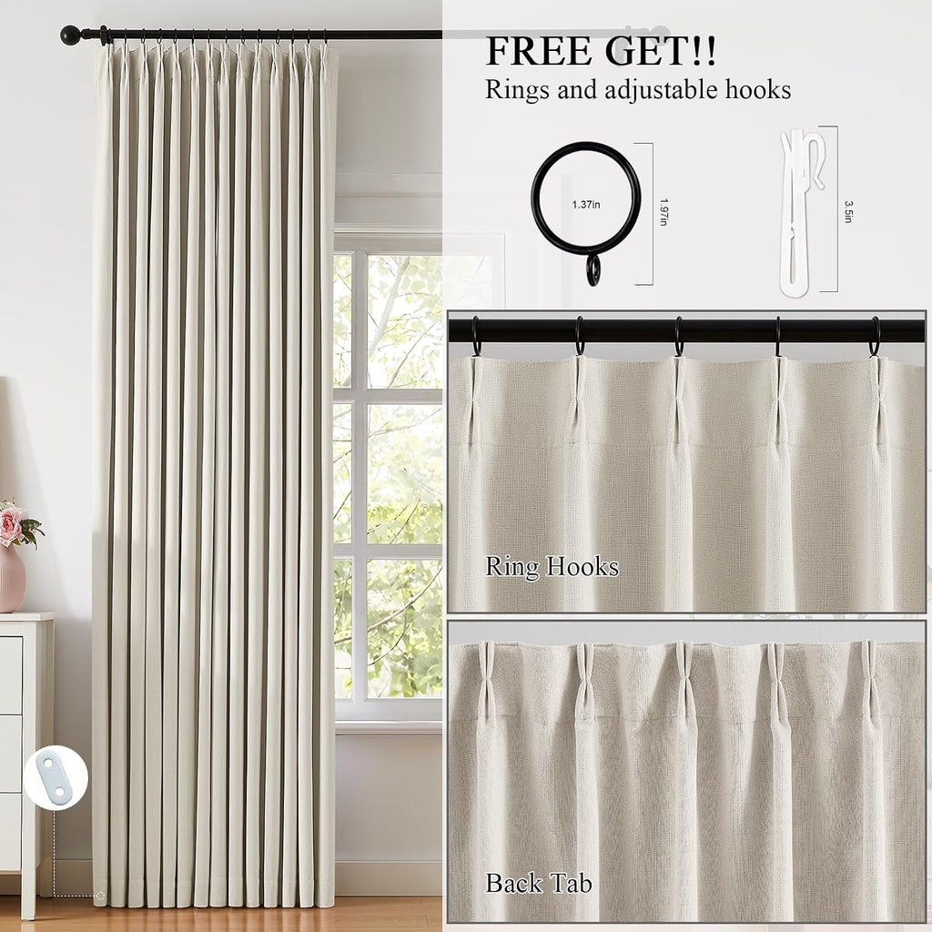 Pinch Pleated Blackout Curtains for Living Room Bedroom,100% Blackout Linen Textured Double Layer Drapes with Rings & Hooks,2 Panels Set,Natural,45" W x 84" L