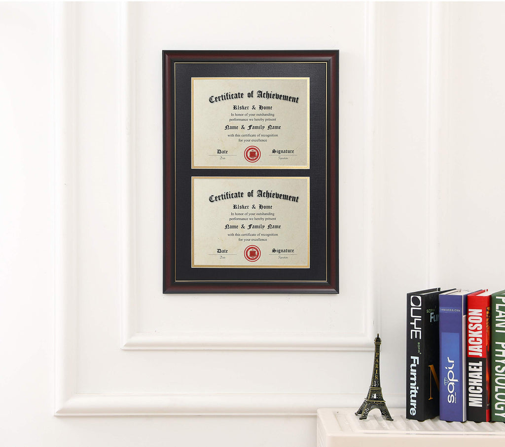 Double 8.5x11 Diploma Frames Cherry with Black Golden Rim mat