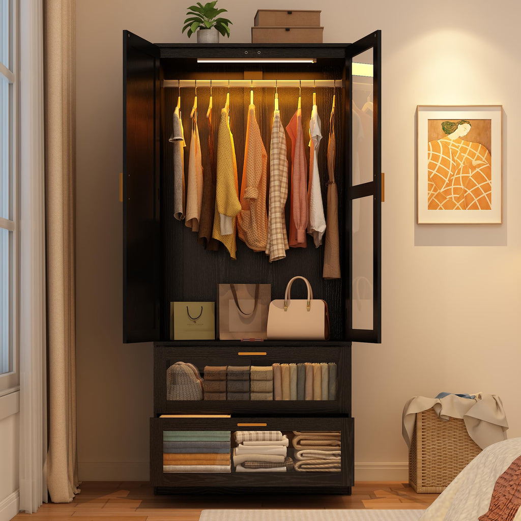 2 Doors Armoire Wardrobe Closet with LED and Mirror, 71" H Freestanding Wooden Wardrobe Closet Cabinet w 2