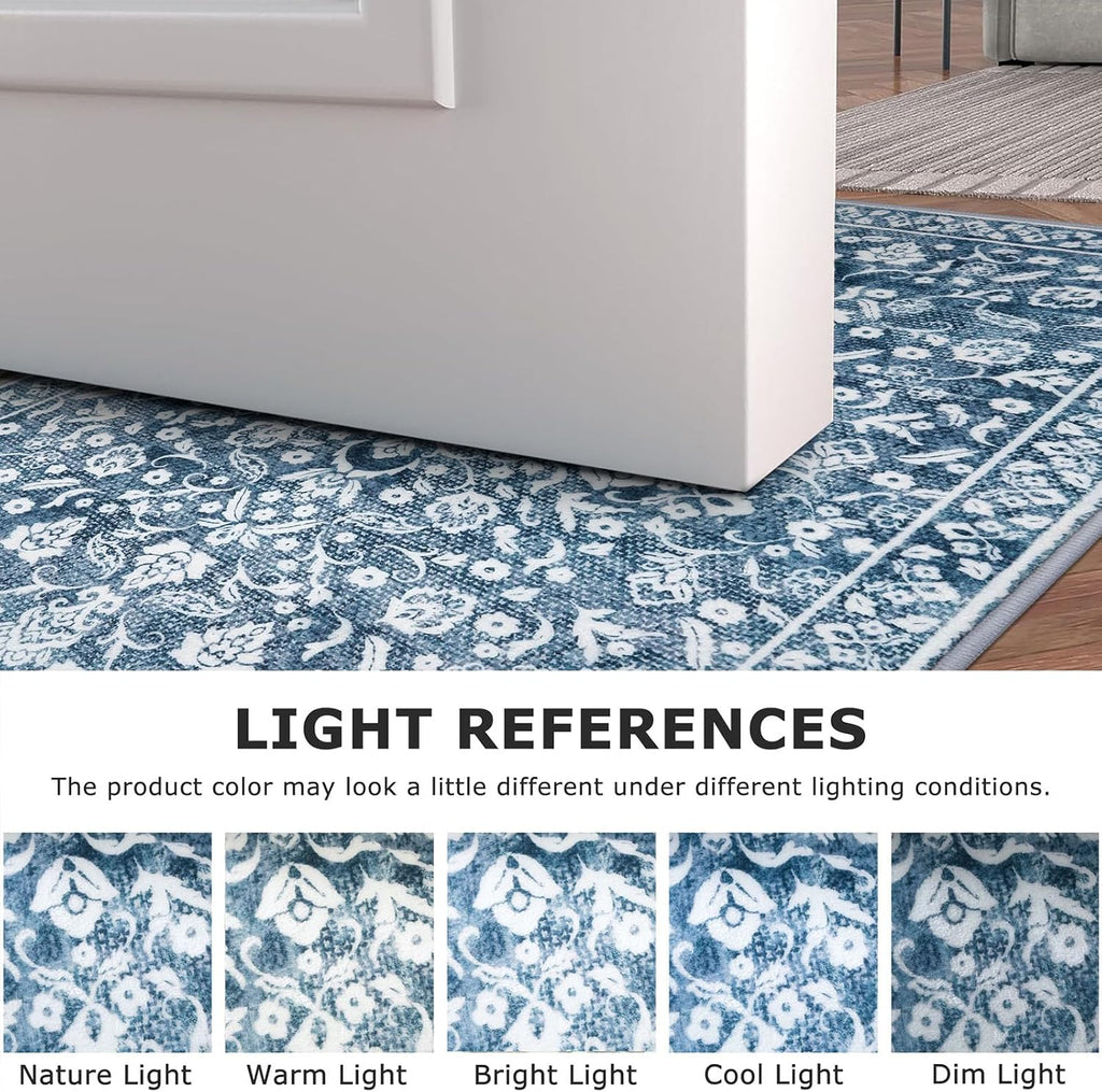 Vintage 2x8 Hallway Runner Rug, Blue and White Washable Rug, Non-Slip Super Soft Kitchen Runner Rug,