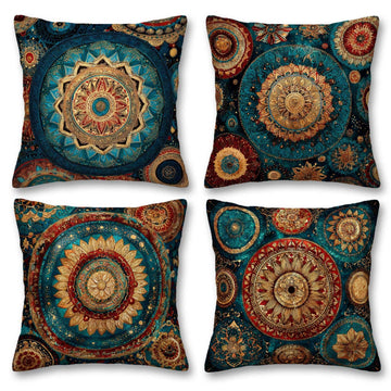 Teal Boho Mandala Throw Pillow Covers 18x18 Set of 4, Rust Gold Medallion Decorative Cushion Covers, Vintage Moroccan
