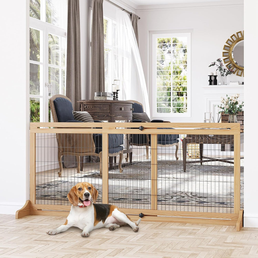72" W x 27" H Extra Wide Freestanding Pet Gate with Adjustable Length Dog, Cat, Barrier, Doorway, Hallway, Natural