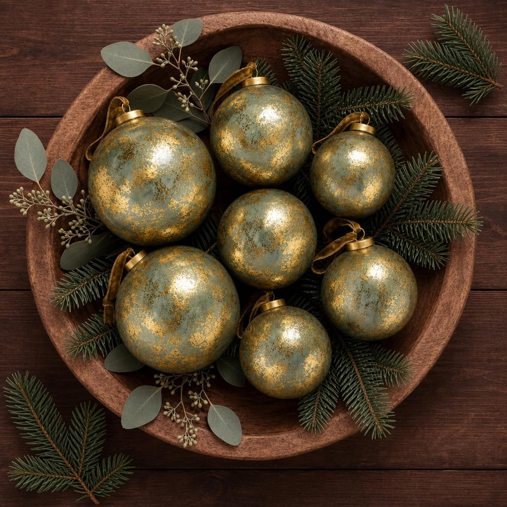 6 Pcs Large Vintage Christmas Glass Ornaments Antique Copper Ball