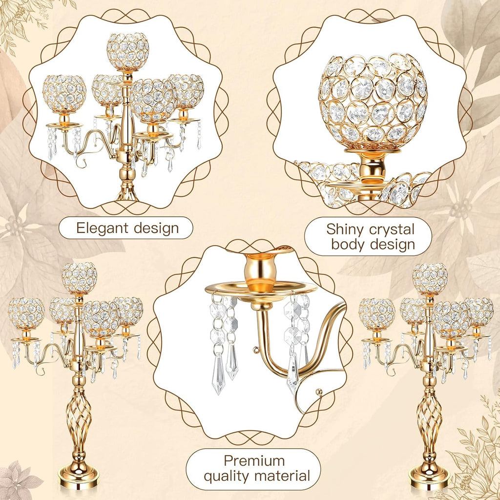 8 Pcs 5 Arm Crystal Candelabra Centerpieces for Table 27 Inch Retro Victorian Crystal Candle Holders Bowl Table