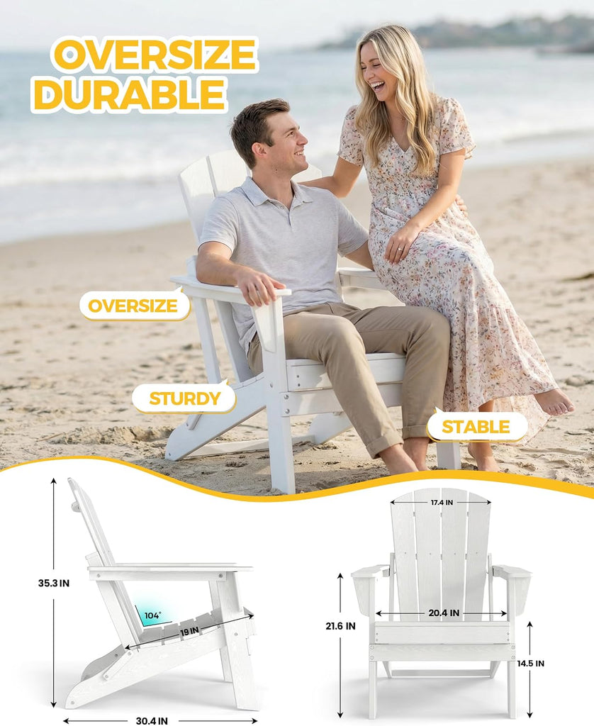 Lightweight Folding Adirondack Chair Set of 4, HDPE, White | Portable HDPE Patio Chair - 350lbs,Durable All-Weather