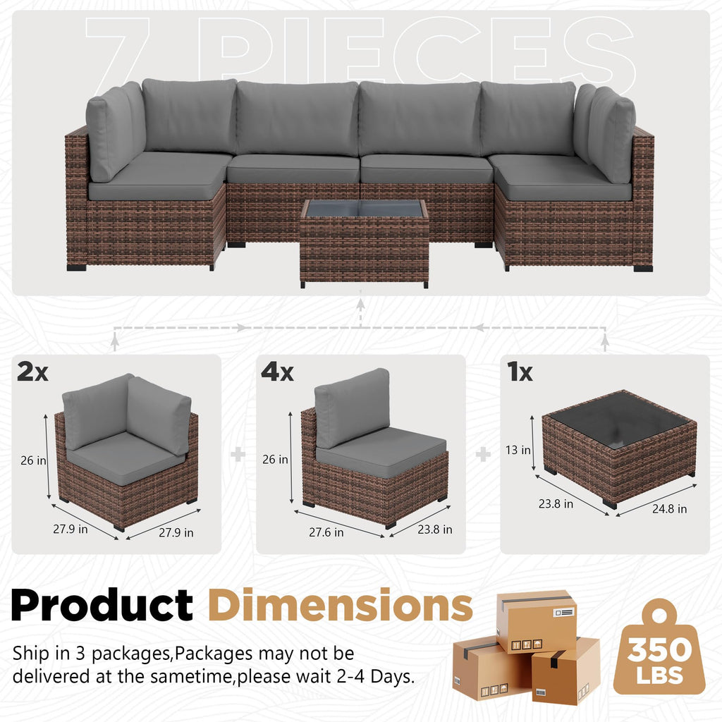 7 Pieces Outdoor Wicker Rattan Patio Furniture, Outdoor Sectional Set Patio Sofa with Coffee Table & Grey Cushions