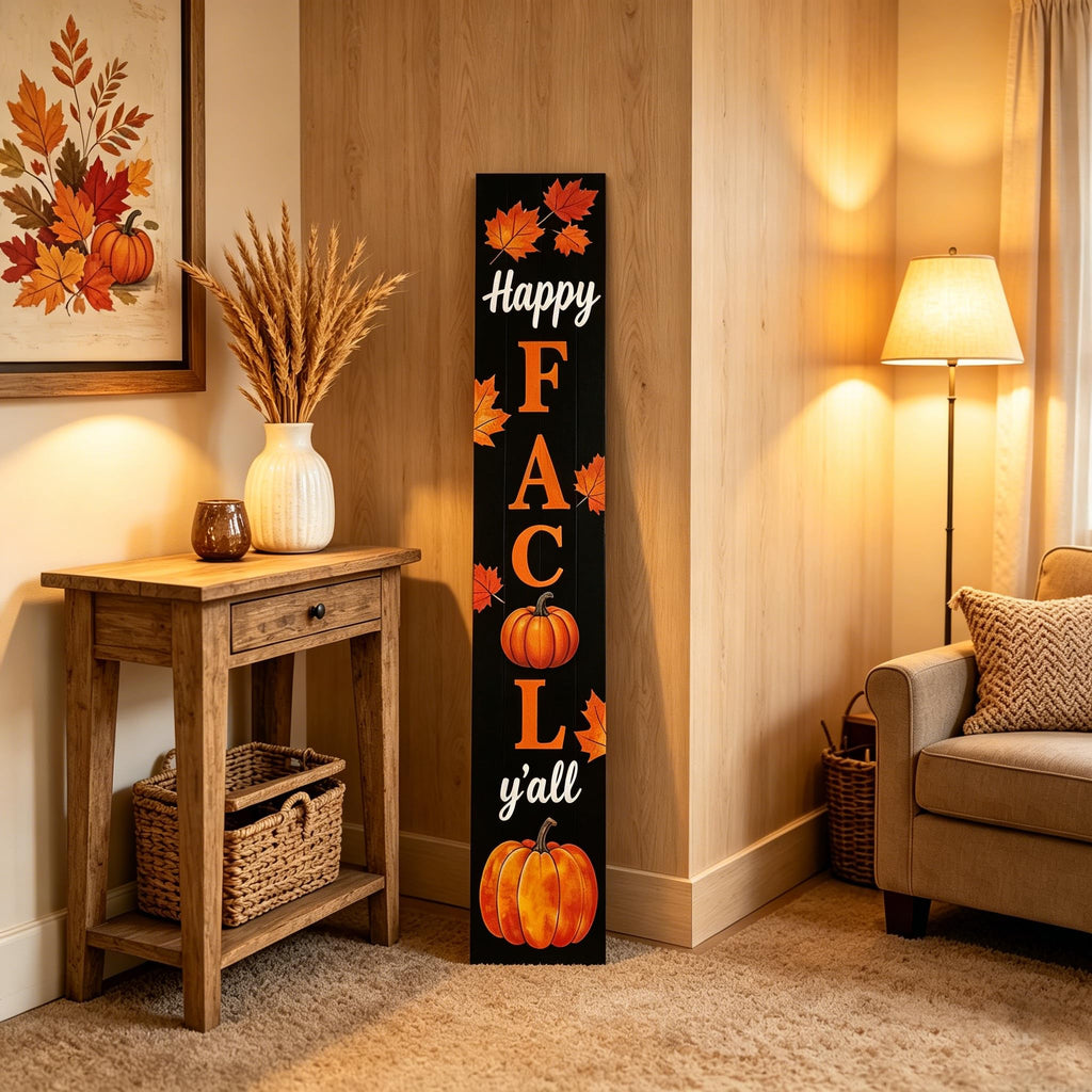Happy Fall Y'all 47" Tall Vertical Wooden Porch Sign Black Rustic Farmhouse Fall Decor with Maple Leaf Pumpkin
