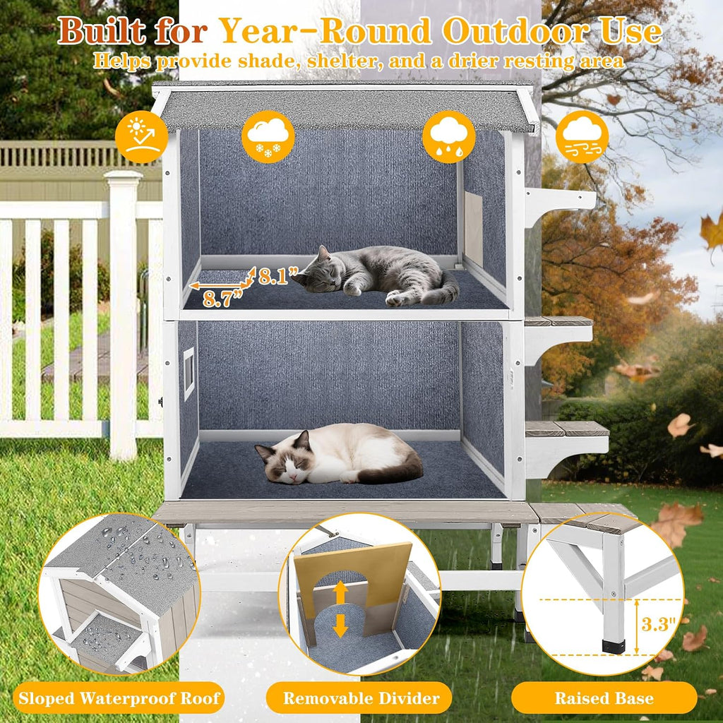 Insulated Outdoor Cat House for 2-3 Cats, 2-Story Wooden Shelter