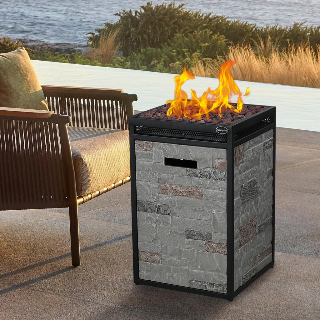 Terrafab Grey Panels with Steel Frame 16" Square 40,000 Btu Propane Fire Column Outdoor Wood Effect Fire Pit