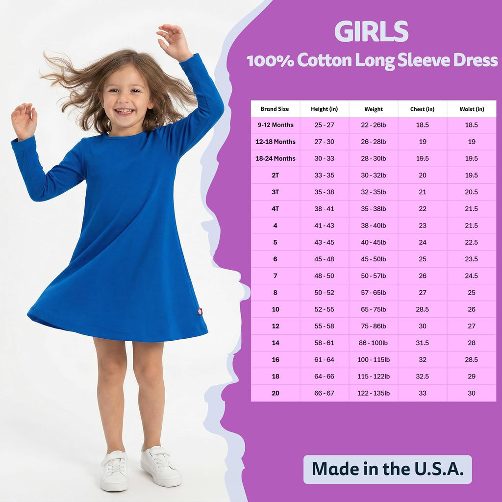 Girls' 100% Cotton Long Sleeve Dress