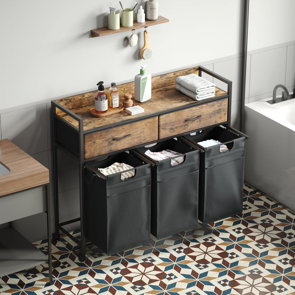 Laundry Sorter 3 Section with 3 Bags 4 Wheels 2 Drawers