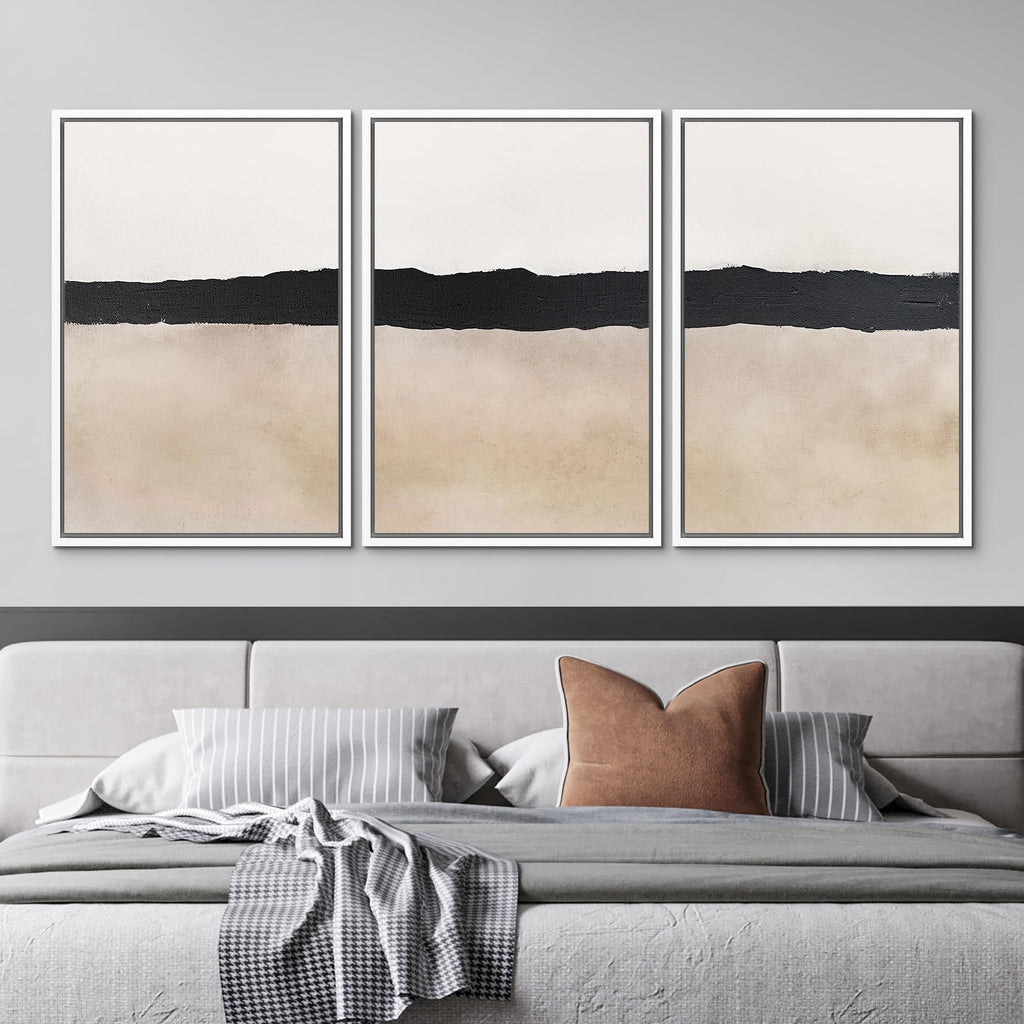 Framed Wall Art Print Set Minimalist Abstract Black Horizontal Brushstroke Illustrations Modern Art Boho Decorative