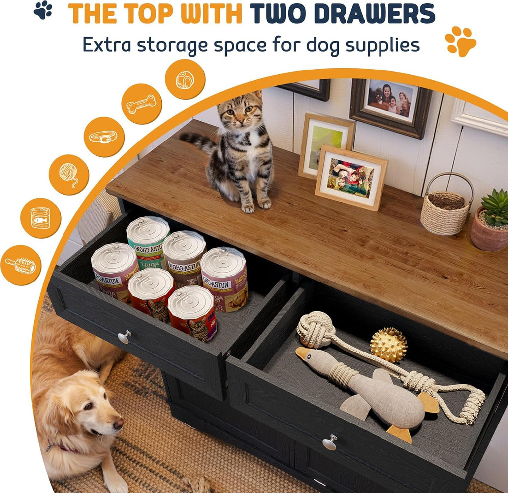 Double Door Dog Feeding Station with Storage, 10 Gallons Tilt Out Trash Can Cabinet, Dog Food Cabinet with Dog Bowls