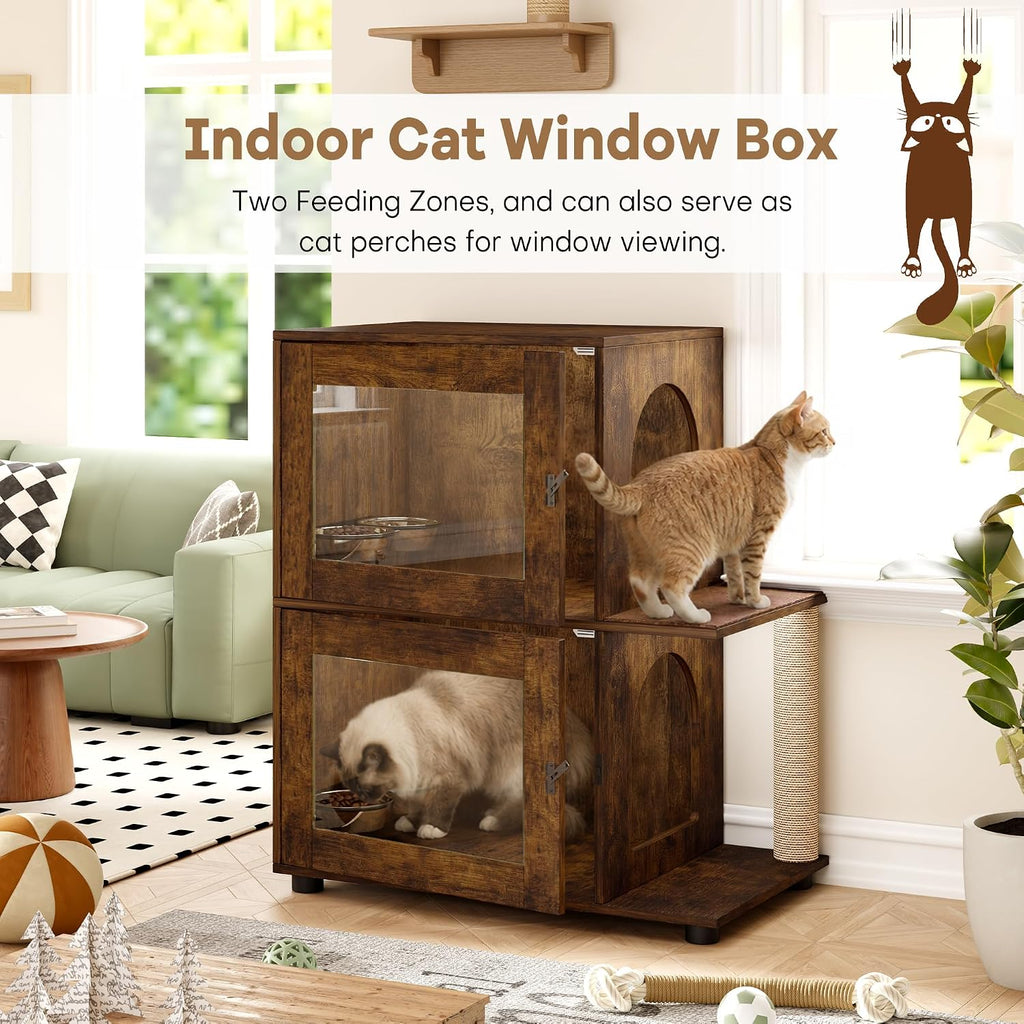 Double Dog Proof Cat Feeding Station, Wood Dog Proof Cat Feeder, Walnut