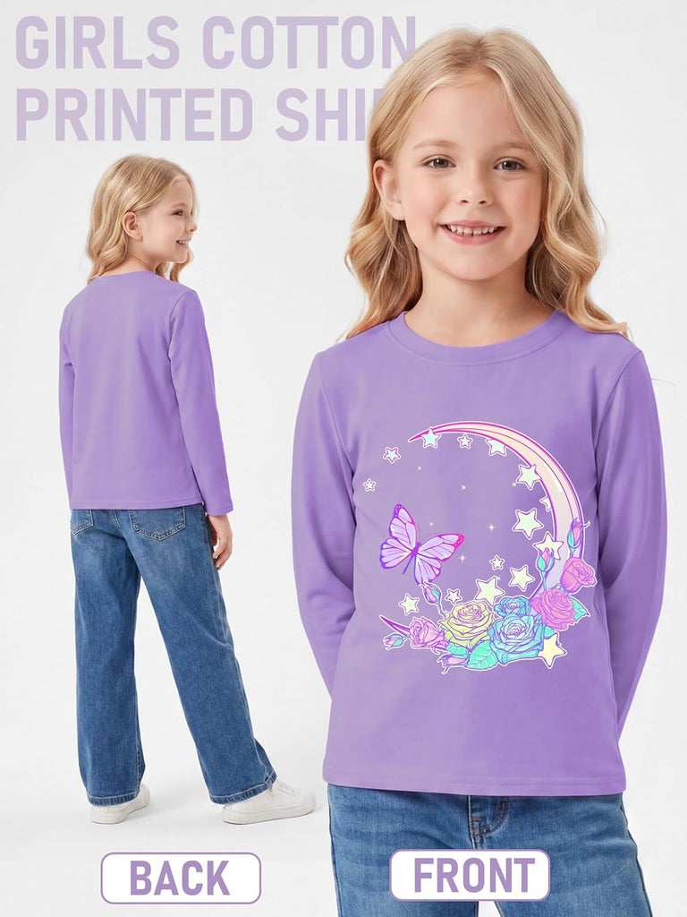 4 Pack Girls Long Sleeve Printed Shirts Cotton Crew Neck Tops