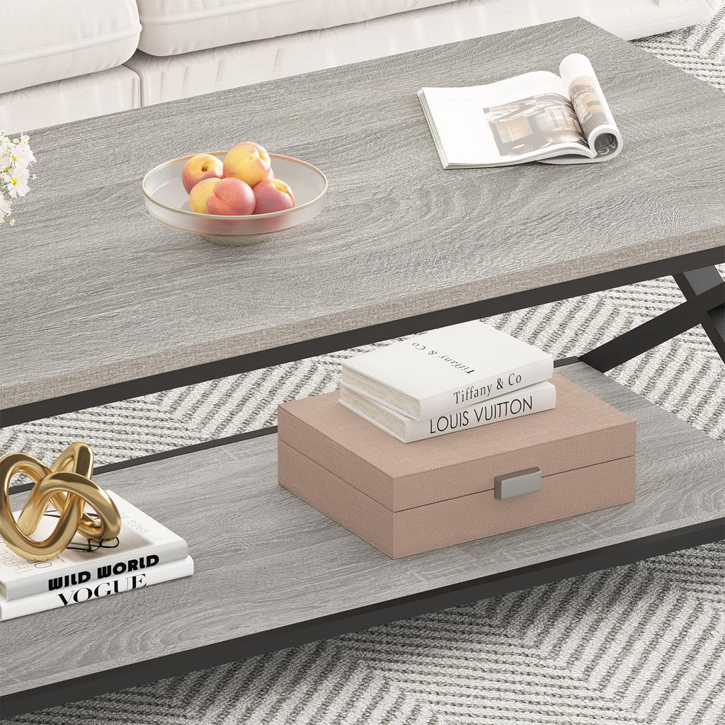39" Rectangle Coffee Table with Storage, Grey Oak