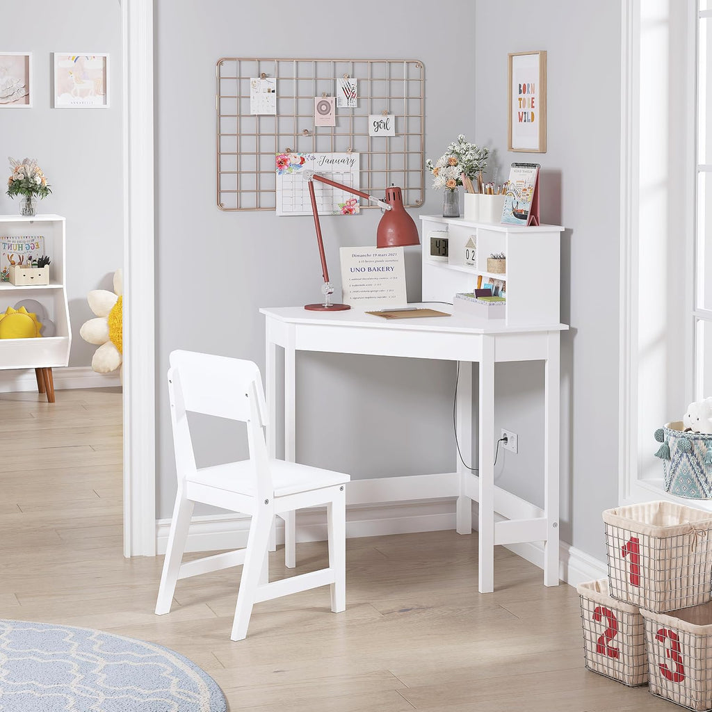 Wooden Kids Corner Desk and Chair Set with Hutch for Ages 3-8