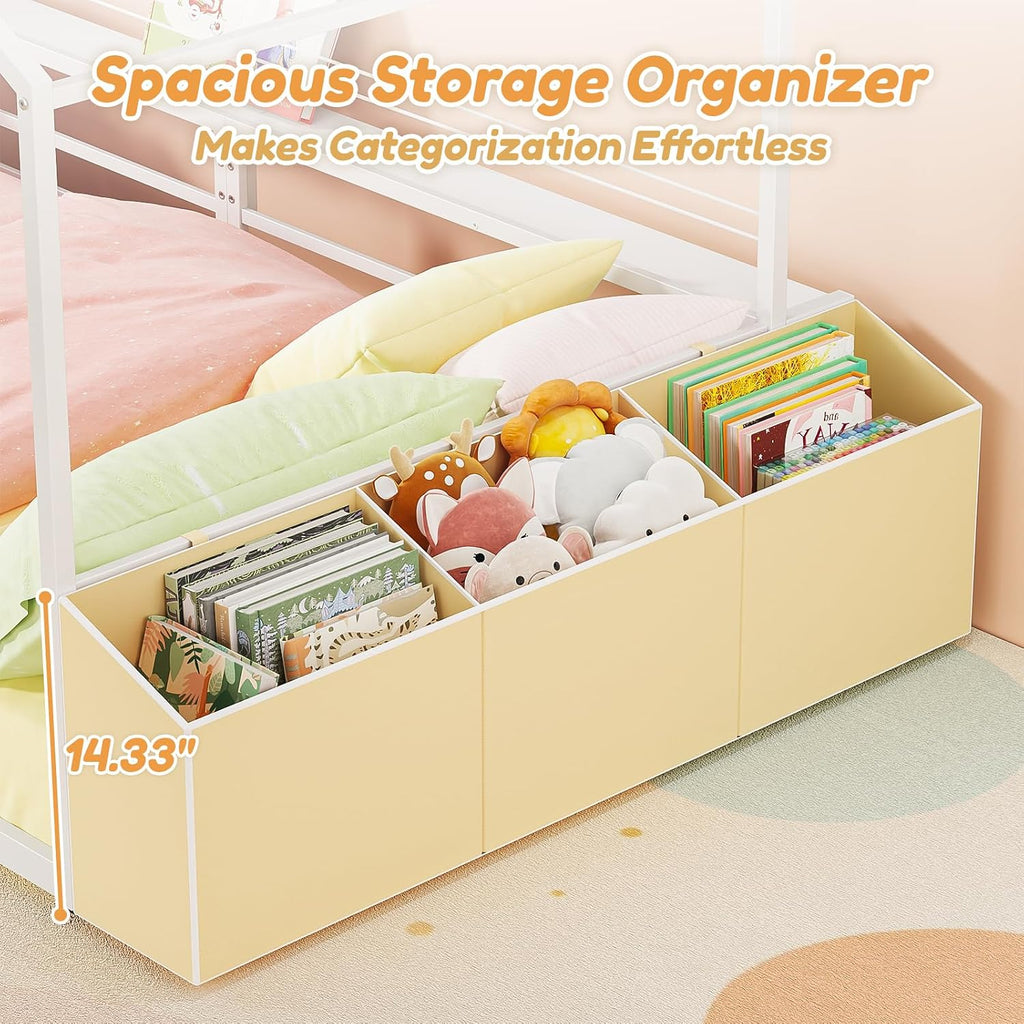 House Bed with Storage Organizer, Metal Montessori Floor Bed for Kids