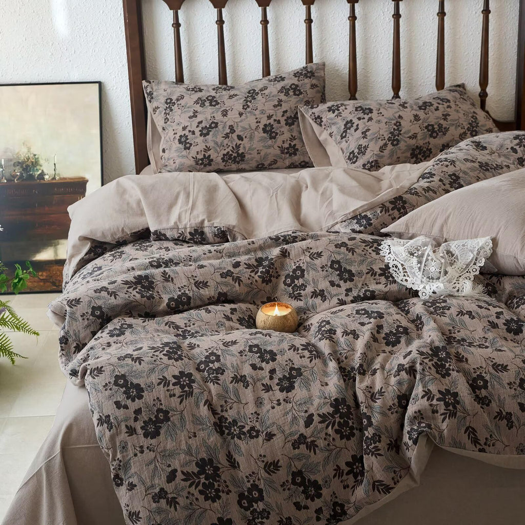 Vintage Muslin Duvet Cover Set Queen, 100% Cotton Linen Like Comforter Cover Boho Floral Quilt Cover with 2