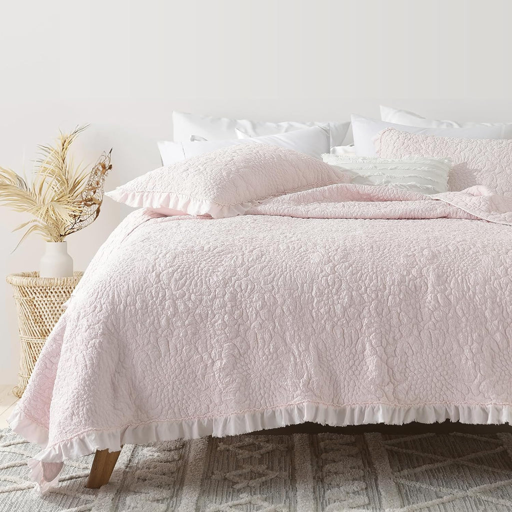 Pink Ruffled Quilt King, Stone-Washed Microfiber Lightweight Crinkled Farmhouse Rustic Shabby Chic Bedding Set, 3
