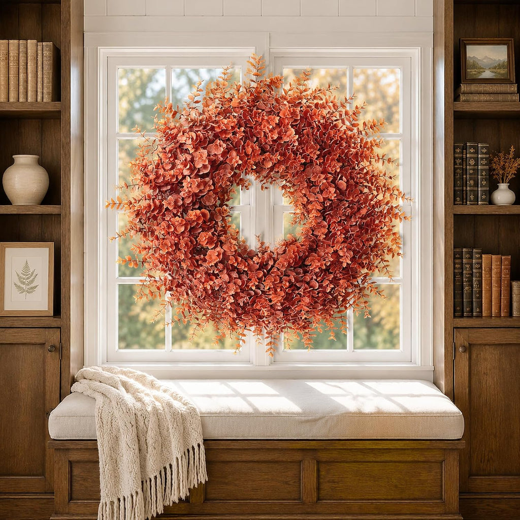 26" Artificial Fall Eucalyptus Wreath for Front Door Decoration (Orange)