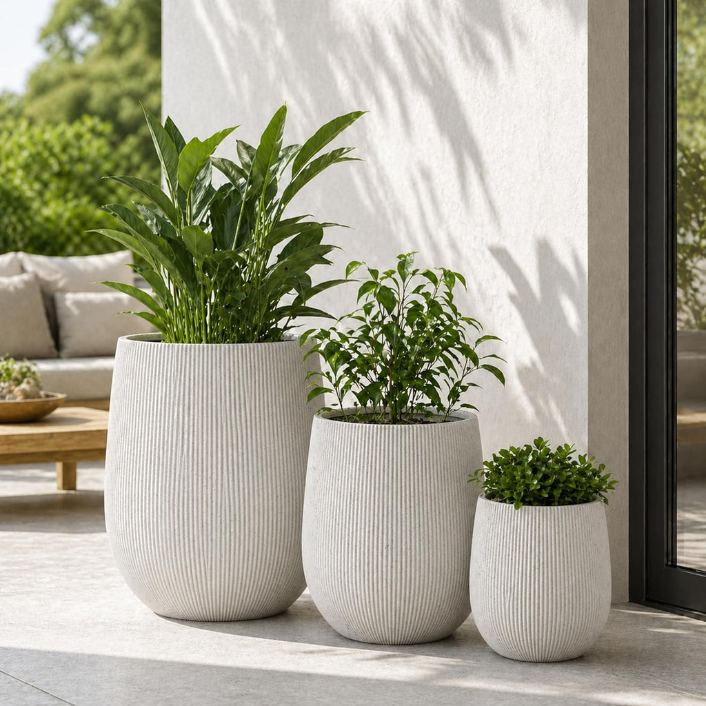 Set of 3 Fluted Round Polystone Indoor/Outdoor Planters, White, Sizes: 20.1 x 20.1 x 20.9 in., 15.1 x 15.1 x 16.5