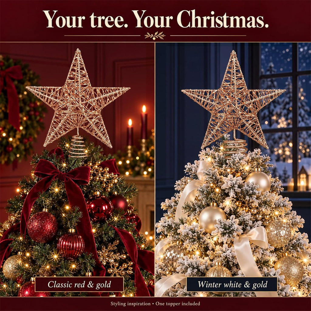 10 Inch Champagne Star Christmas Tree Gold Topper Hollow Glitter