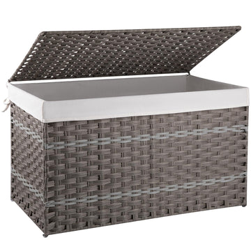 Storage Basket with Lid, 42.3 Gallon (160L) Blanket Basket with Removable Liner Bag, Synthetic Wicker Hamper with