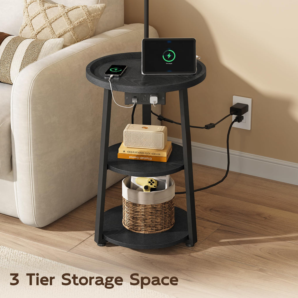 Floor Lamp with Table, Round Side Table with Charging Station Black