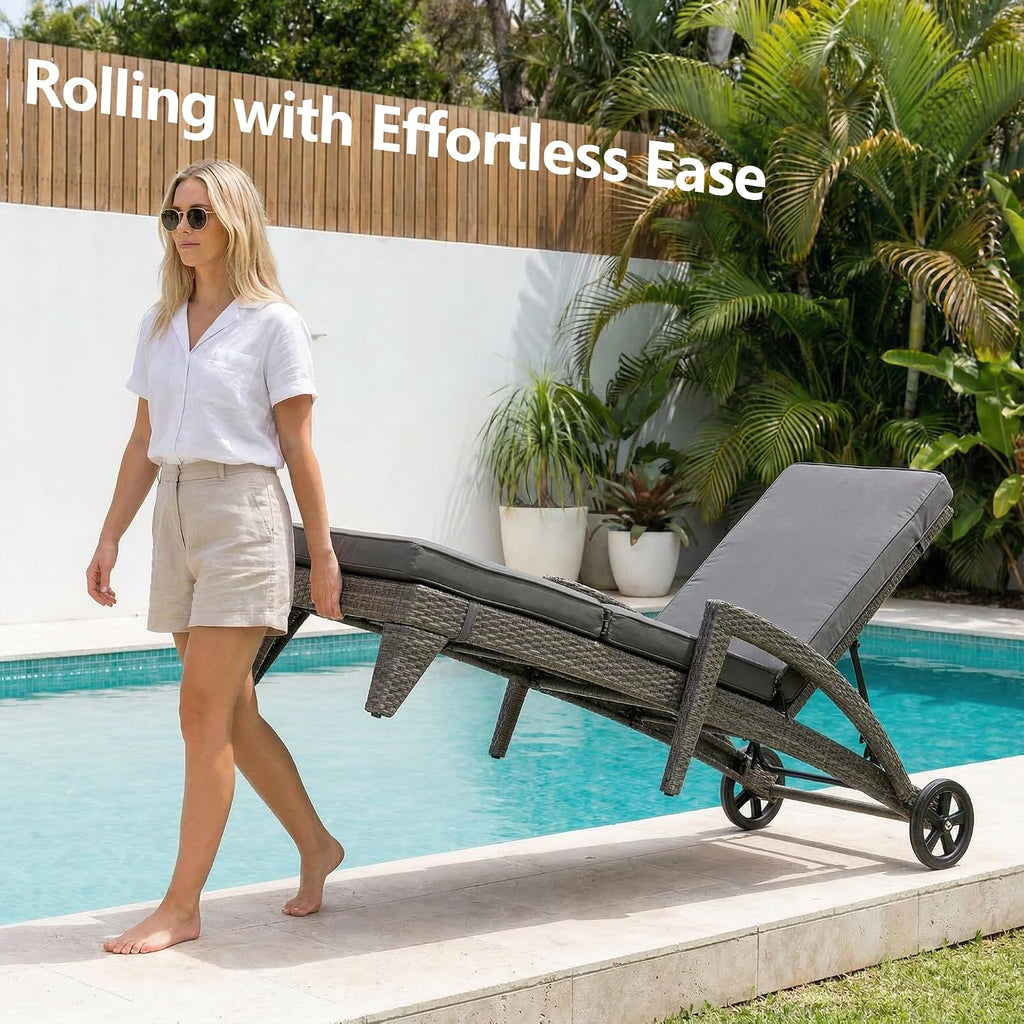 Chaise Lounge Chairs Set of 2, Upholstered 5-Positions Adjustable Lounge Chairs, Wicker Outdoor Long Reclining Chaise